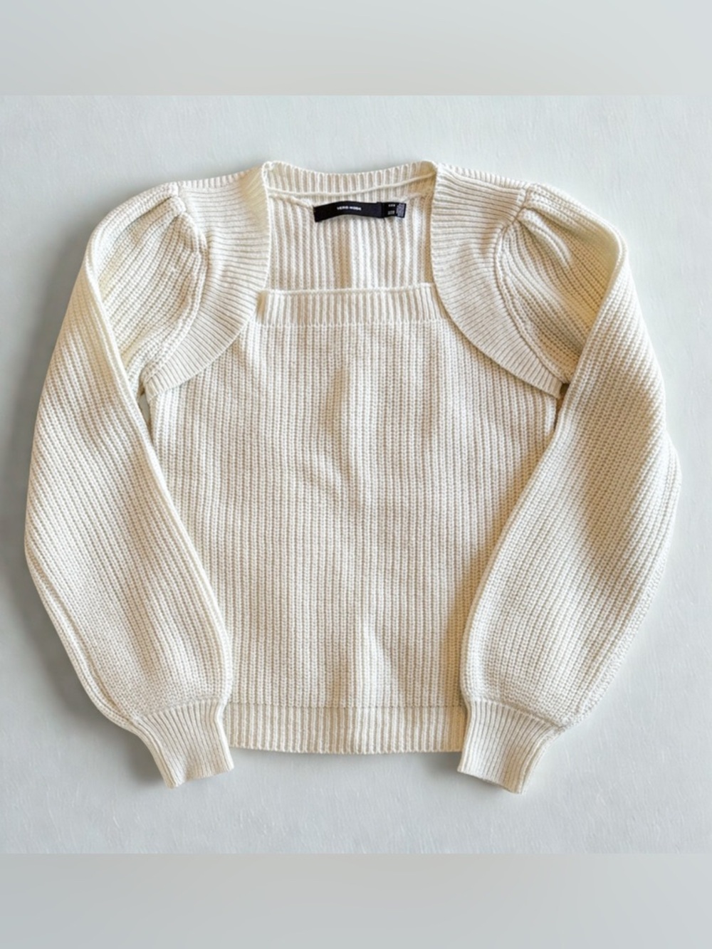 Vero Moda Cream Knit Sweater Square Neck Puff Sleeve Cozy Chic Top